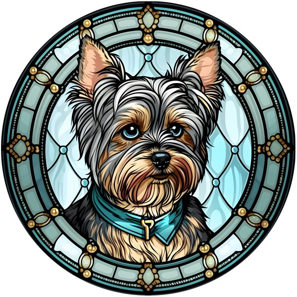 realistic stained glass Yorkshire Terrier wreath sign, yorkie sign, dog sign