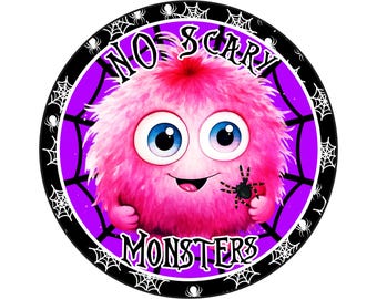 Pink Furry Monster Halloween Wreath Sign | Spider Round Metal Sign for Wreaths | Halloween Door Hanger Wreath Attachment