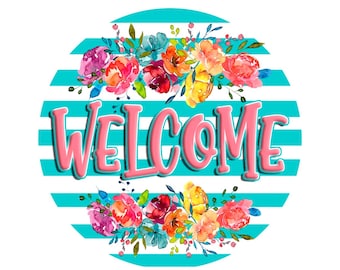 Panneau de bienvenue floral : pivoines roses, rayures bleu sarcelle
