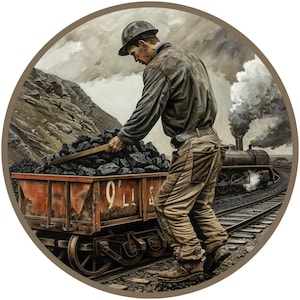 mijnwerker aan het werk met metalen kransbord, aan het werk in de kolenmijnkrans, man aan het werk naast muurkunst met kolentrein cart