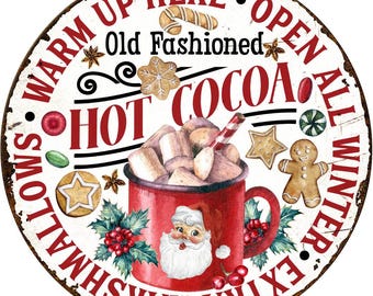 Old Fashioned Hot Cocoa Sign, Vintage Christmas Decor, Santa Mug Wall Art, Holiday Hot Chocolate Sign, Extra Marshmallows Winter Sign