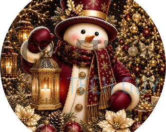Elegantes Schneemann-Kranzschild | Rundes Metallschild mit burgunderrotem und goldenem Laternen-Weihnachtsstern für Kränze | Glamouröser Türhänger zur Kranzbefestigung