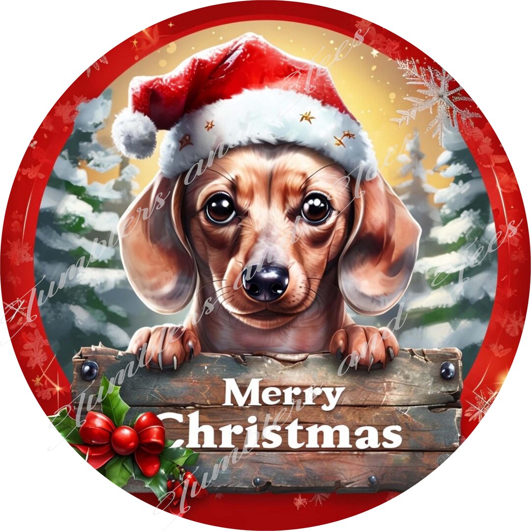 Round Wreath Center Sign, Christmas Dachshund W Santa Hat Designed in ...
