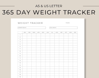 May include: A printable weight tracker for a year, with a space to enter your current weight, goal weight, and year. The tracker is divided into months, with each month having 31 days.