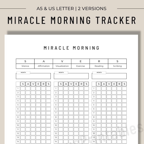 Miracle Morning, Morning Routine Tracker, Daily Weekly Monthly Routine One Page