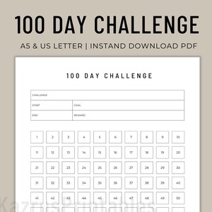 100 Day Challenge, 100 Day Habit Tracker Printable, Fitness Challenge Printable