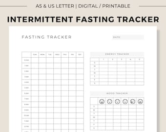 May include: Printable intermittent fasting tracker with a daily schedule, energy, mood, and hunger trackers. The tracker includes a grid for each day of the week and a section for each hour of the day.