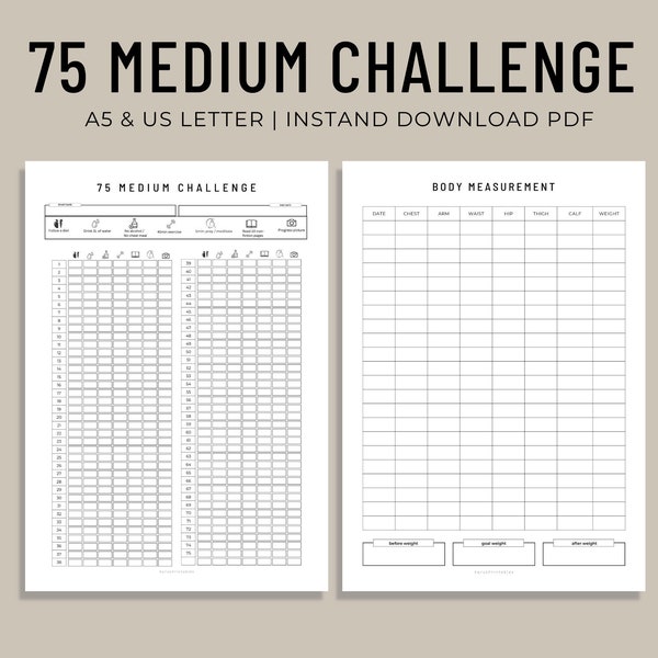 75 Medium Tracker, 75 Medium Challenge, Body Measurement Tracker, 75 Medium Printable, 75 Day Challenge Printable