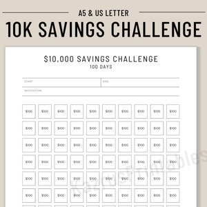 10,000 Savings Challenge In 100 Days, 10K Savings Challenge, Saving Challenge Printable
