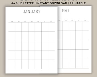 Plantilla de calendario en blanco, calendario mensual imprimible, planificador semanal