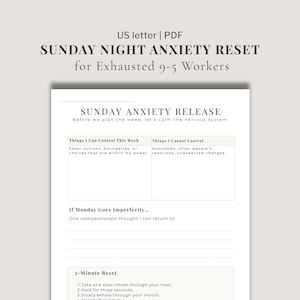 Könnte beinhalten: Ein druckbares PDF-Dokument mit dem Titel "SUNDAY NIGHT ANXIETY RESET for Exhausted 9-5 Workers". Das Dokument enthält Abschnitte zur Planung und Bewältigung von Ängsten, sowie eine "3-Minuten-Reset"-Anleitung.