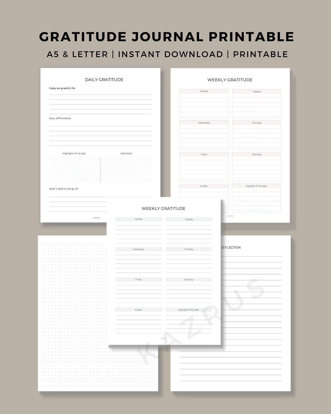 Gratitude Journal Printable | Daily Mindfulness Prompts (A5 & US Letter ...