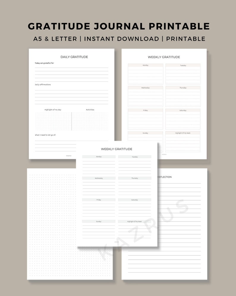Gratitude Journal Printable | Daily Mindfulness Prompts (A5 & US Letter ...