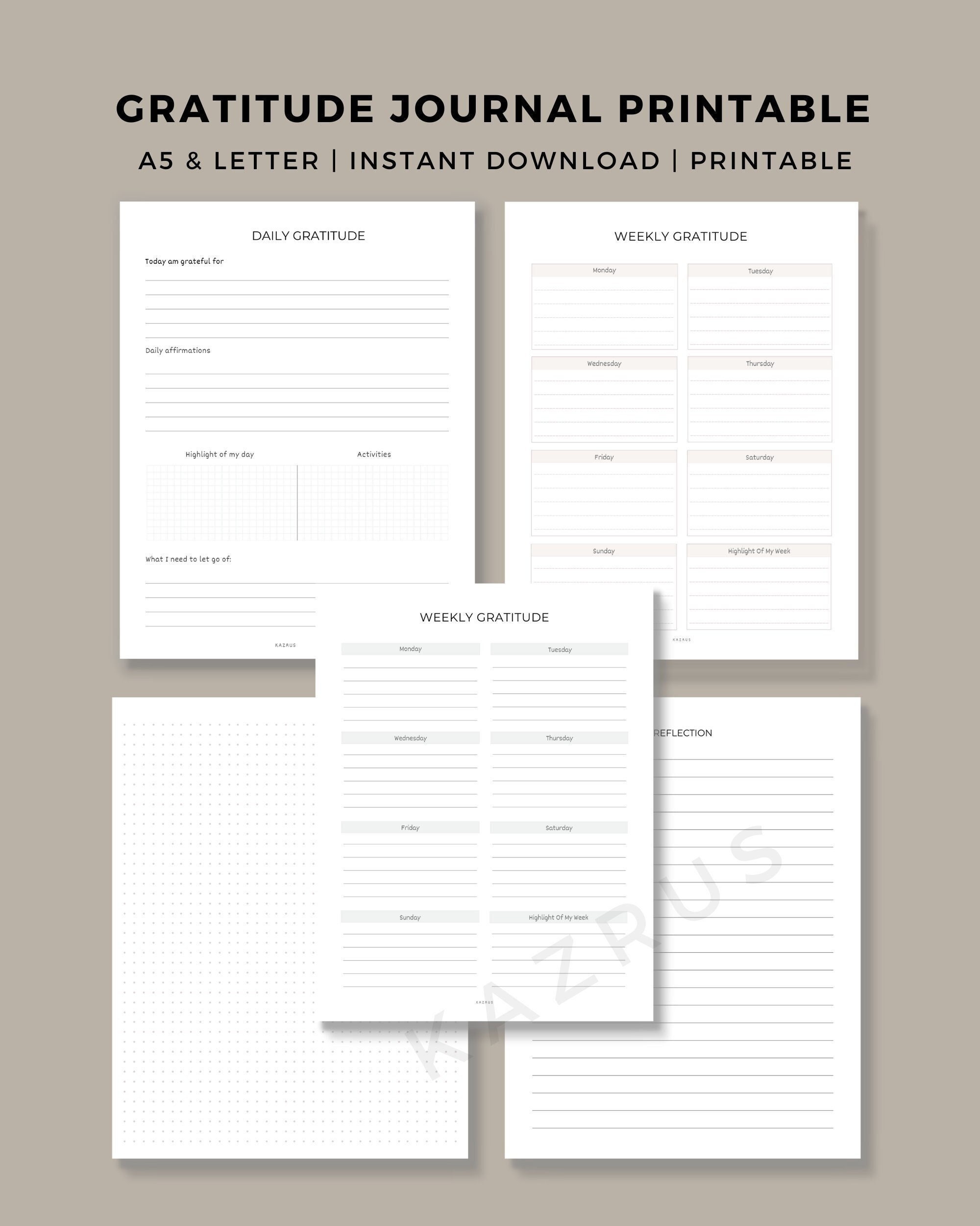 Gratitude Journal Printable | Daily Mindfulness Prompts (A5 & US Letter ...