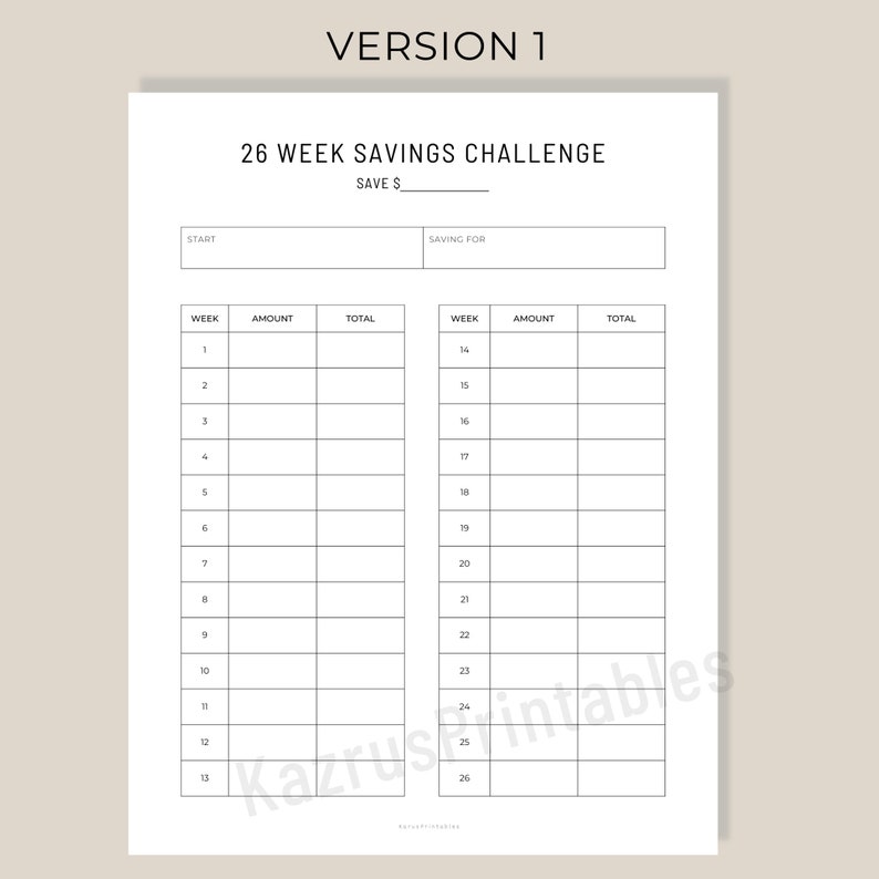 26 Week Savings Challenge Savings Tracker Money Saving Etsy Canada