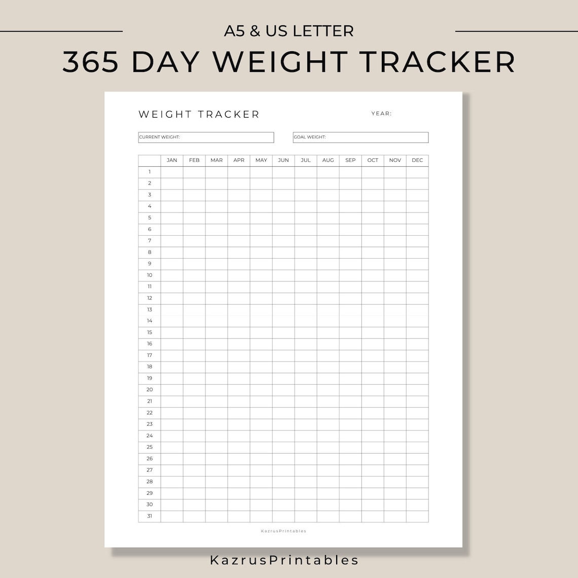 365 Day Weight Tracker Printable - Etsy Canada