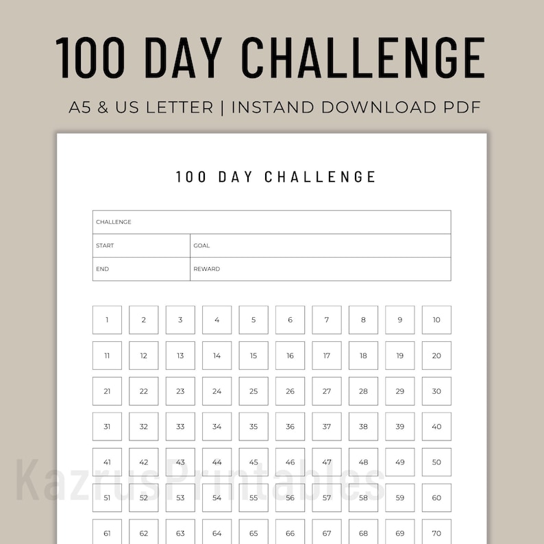 100 Day Challenge Tracker Printable, Habit Goal Planner (PDF) - Etsy
