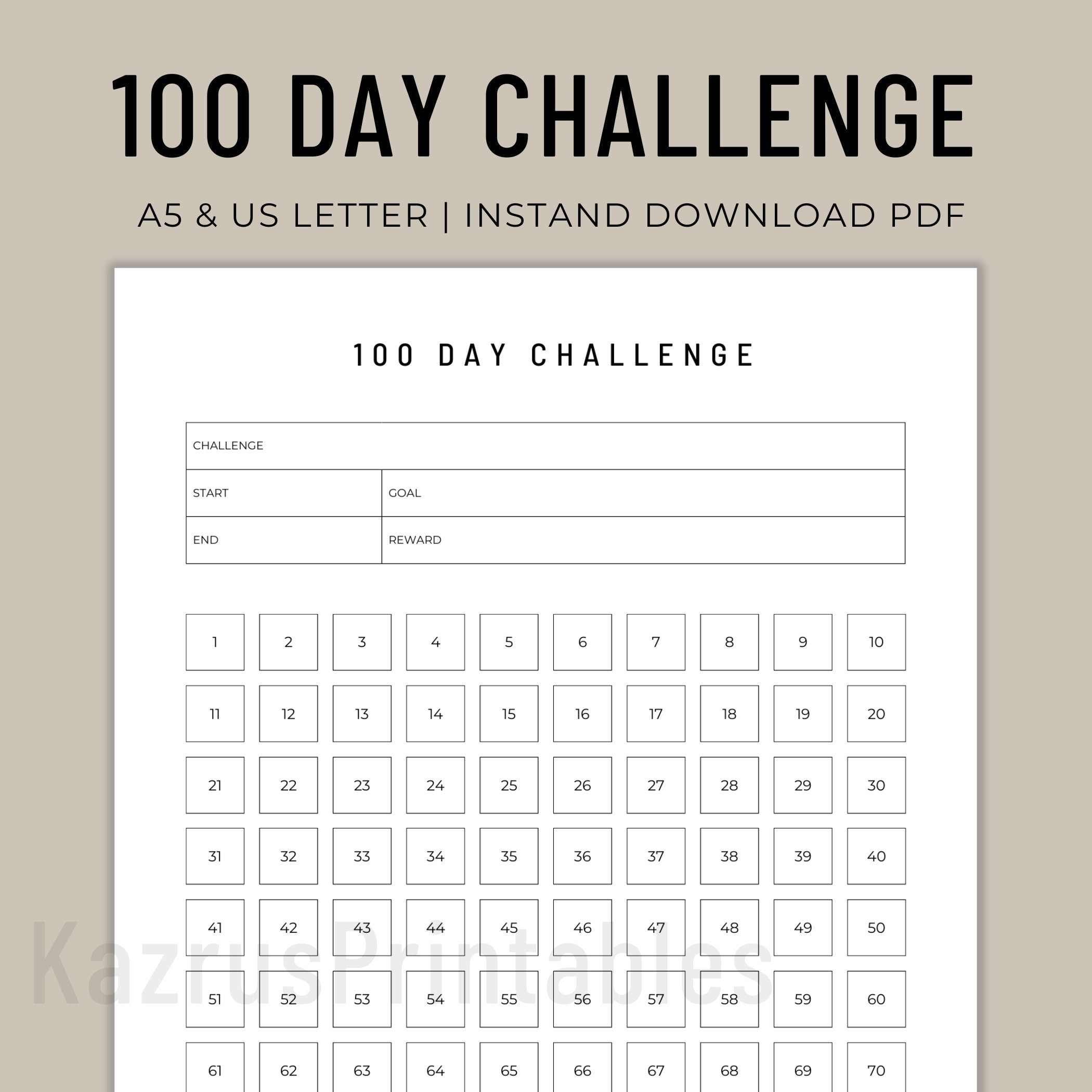100 Day Challenge Tracker Printable, Habit Goal Planner (PDF) - Etsy