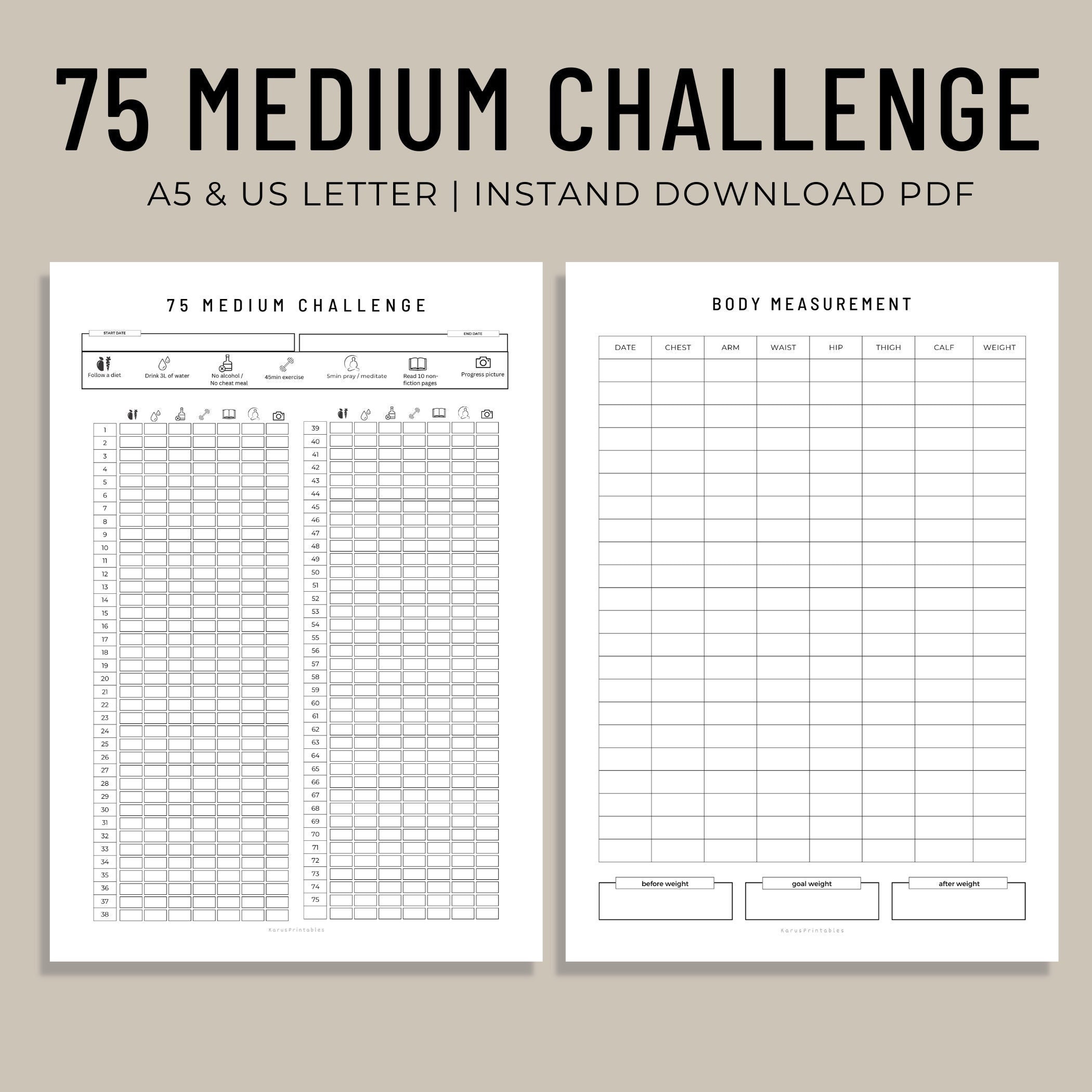 75 day challenge tracker, body measurement, printable (pdf