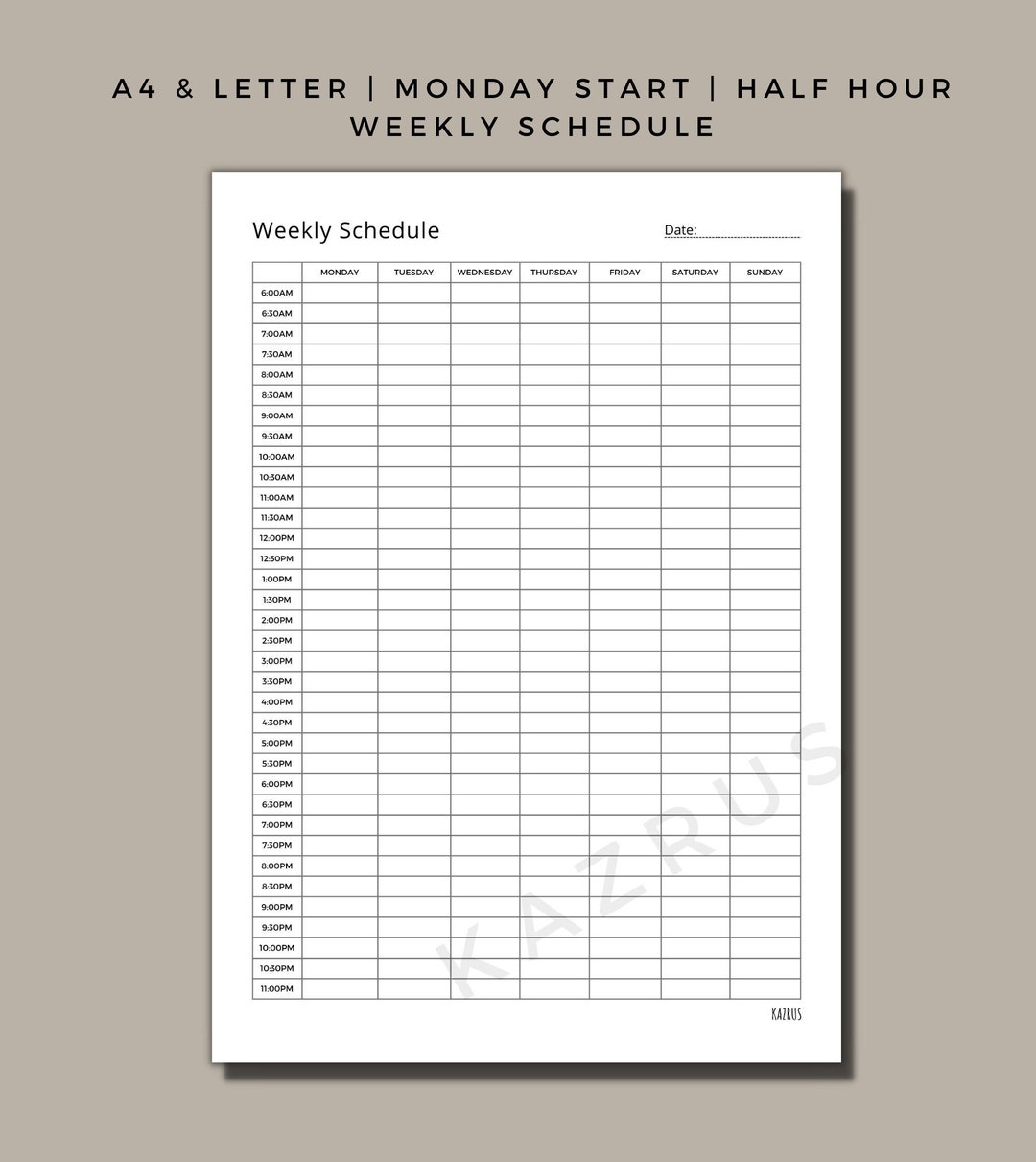 Half Hour Weekly Schedule | Weekly Planner Printable | Undated Weekly ...
