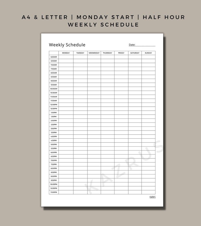Half Hour Weekly Schedule | Weekly Planner Printable | Undated Weekly ...