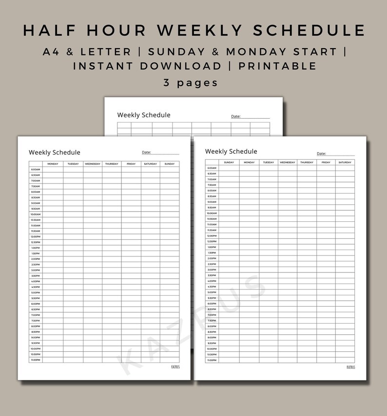 Half Hour Weekly Schedule Weekly Planner Printable Undated Weekly ...