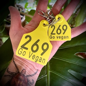 Op de afbeelding: Twee gele plastic kaartjes met het nummer 269 en de tekst "Go Vegan" erop. De kaartjes zijn bevestigd aan een zilveren sleutelhanger.