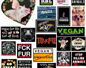 May include: A collection of rectangular and heart-shaped stickers featuring various vegan-themed graphics and slogans, including text like Stop Eating Animals, Tofu never screams, FCK FUR, and Go Vegan, with illustrations of animals and food.