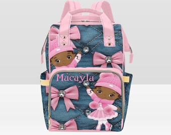 Diaper Bag Backpack, Waterproof Diaper Bag, Custom Denim/Pink Bows, Girl Diaper Bag, Personalized Diaper Bag, Mommy Bag, Baby Shower Gift