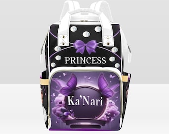 Diaper Bag Backpack, Waterproof Diaper Bag, Custom Baby Girl Purple Princess Diaper Bag, Personalized DiaperBag, Mommy Bag, Baby Shower Gift