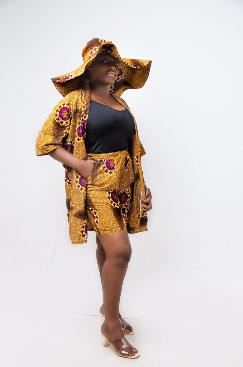 Arican/Ankara Beautiful Kimono shirt with short pant and matching sunhat image 2