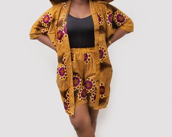 Arican/Ankara Beautiful Kimono shirt with short pant and matching sunhat