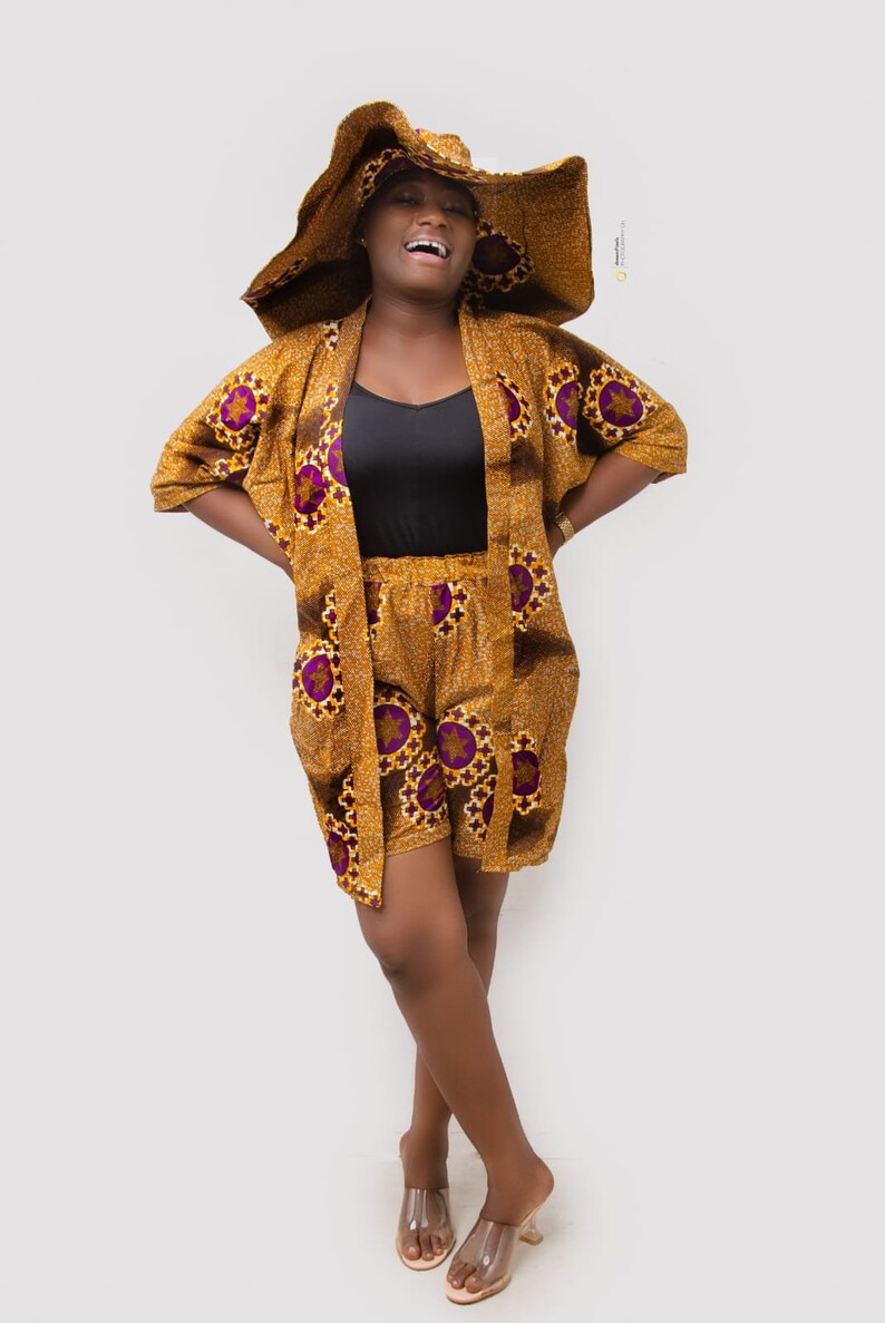 Arican/Ankara Beautiful Kimono shirt with short pant and matching sunhat image 1