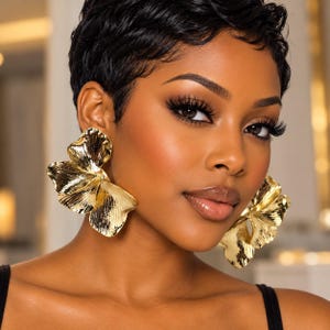 May include: A pair of large, gold-toned statement earrings shaped like stylized, multi-petaled flowers. The metal surface features a textured, reflective finish with deep grooves that catch the light, creating a bold, dimensional appearance.