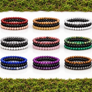Tiger Eye Hematite Black Agate Beaded Bracelet Set, 3pcs Natural Stone Stretch Bracelets Stackable Bracelet for Men Women T35