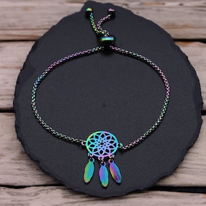 Adjustable 201 Stainless Steel Slider Bracelet Bolo Box Chain Feather 9.6&quot; A148
