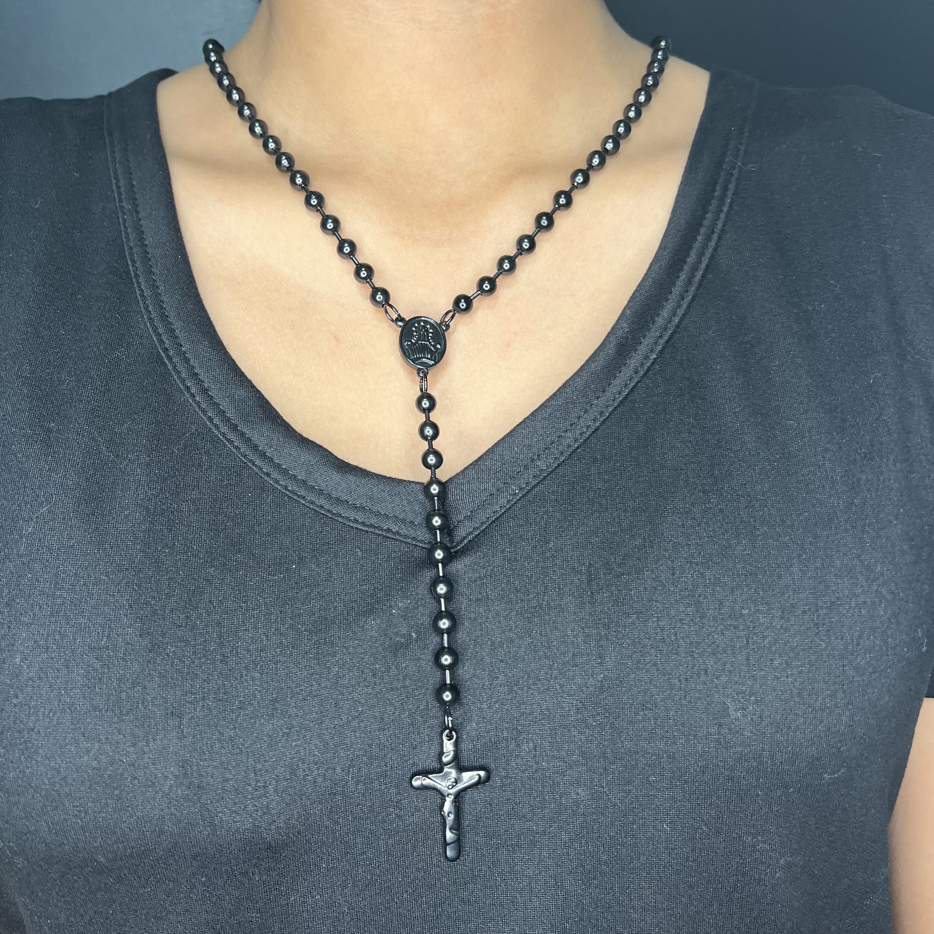 Gold Cross Pendant - Black Beads - Nisha Design