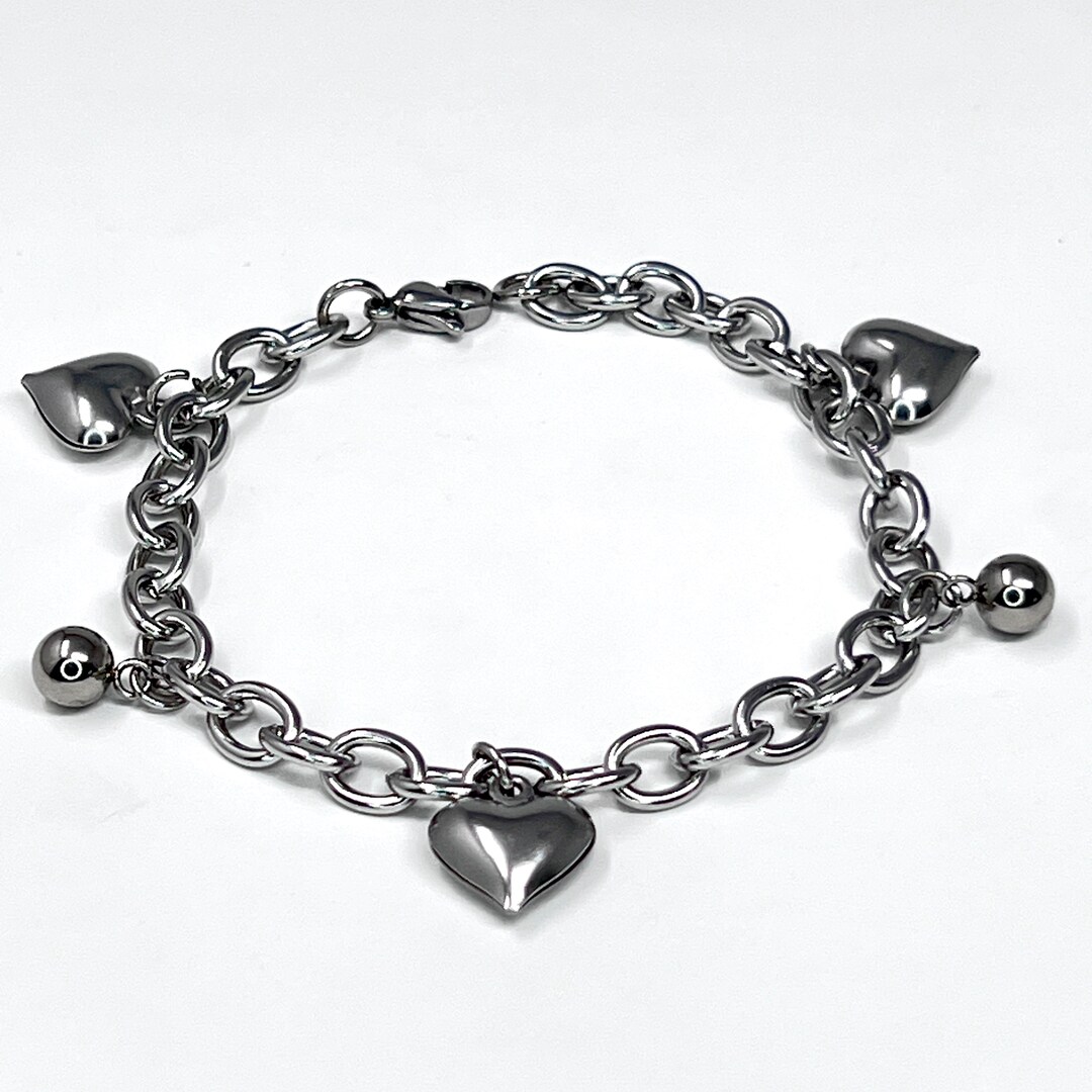 304 Stainless Steel Charm Bracelet Heart Silver 7.5 Inch Etsy