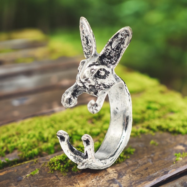 Alloy Cuff Finger Ring Rabbit Antique Silver Size 7 Adjustable 17mm P424