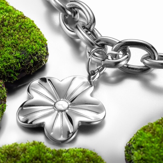 Stainless Steel Charm Bracelet Lobster Flower Silver 8
