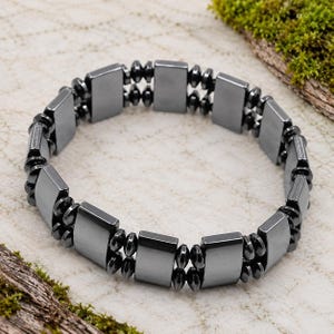Black Hematite Stretch Bracelet, Geometric Rectangle Bead Cuff P276