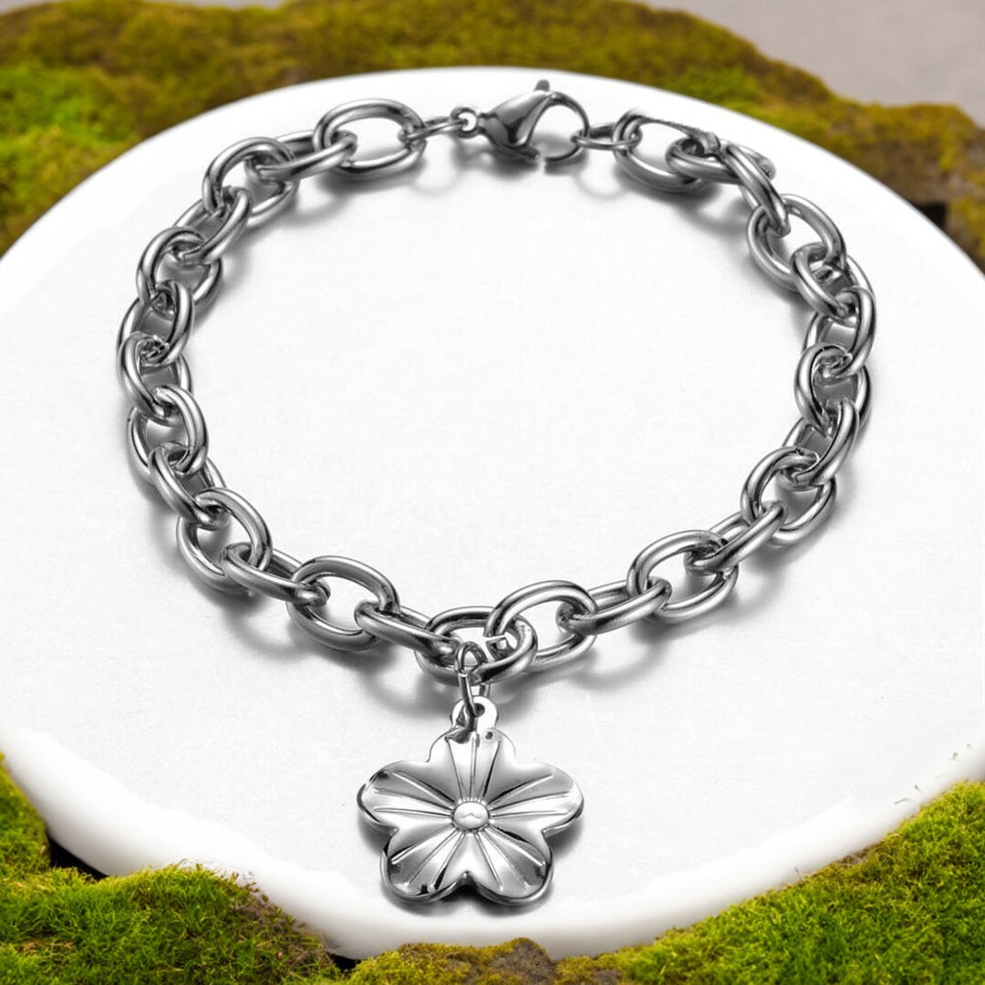 Stainless Steel Charm Bracelet Lobster Flower Silver 8