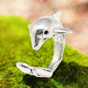 May include: A silver dolphin ring with a black eye. The dolphin is curled into a ring shape.