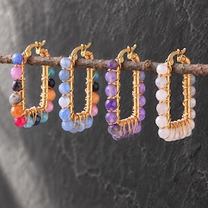 Rectangular Gemstone Hoop Earrings, Gold Tone Stainless Steel, Wire Wrapped Stone Beads A178