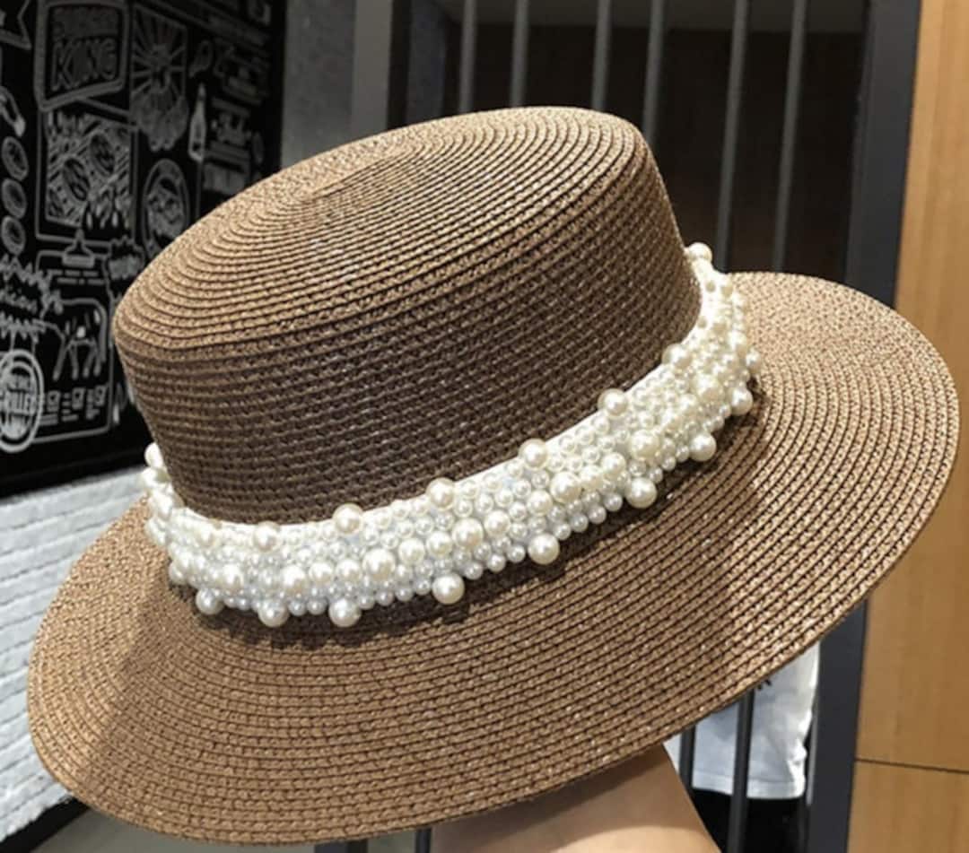 Pearl Women Chic Straw Hat Wedding Bachelorette Summer Sun Etsy