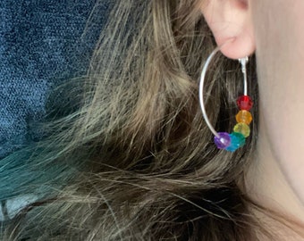 Silver Plated Hoop Earrings with Rainbow Beads, Rainbow earrings, rainbow hoops, pride earrings, rainbow pride earrings