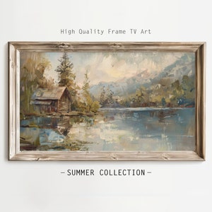 Frame TV Art, Rustic Log Cabin Digital Download, Textured Oil Painting Style, Summer Frame TV Art
