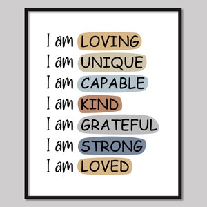 Affirmations Poster, Digital Print, School Counselor, Psychologist, Kid&#39;s Room Decor, Therapy Poster