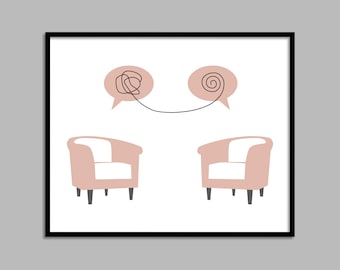 Puede incluir: Una impresión enmarcada en negro con fondo blanco. Dos sillones rosas se enfrentan. Sobre cada sillón hay una burbuja de pensamiento. La burbuja de pensamiento sobre el sillón izquierdo tiene una línea enredada en su interior. La burbuja de pensamiento sobre el sillón derecho tiene una espiral en su interior. Una línea negra conecta las dos burbujas de pensamiento.