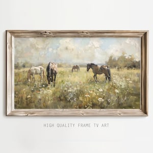 Frame TV Art, Horses Grazing in Field Digital Download, Textured Oil Painting Style, Country Farmhouse Decor, Farm Animal Art